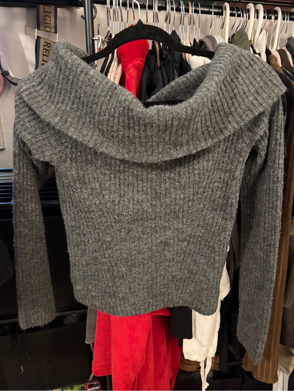 H&M Gray Ribbed Off-Shoulder Foldover Sweater
